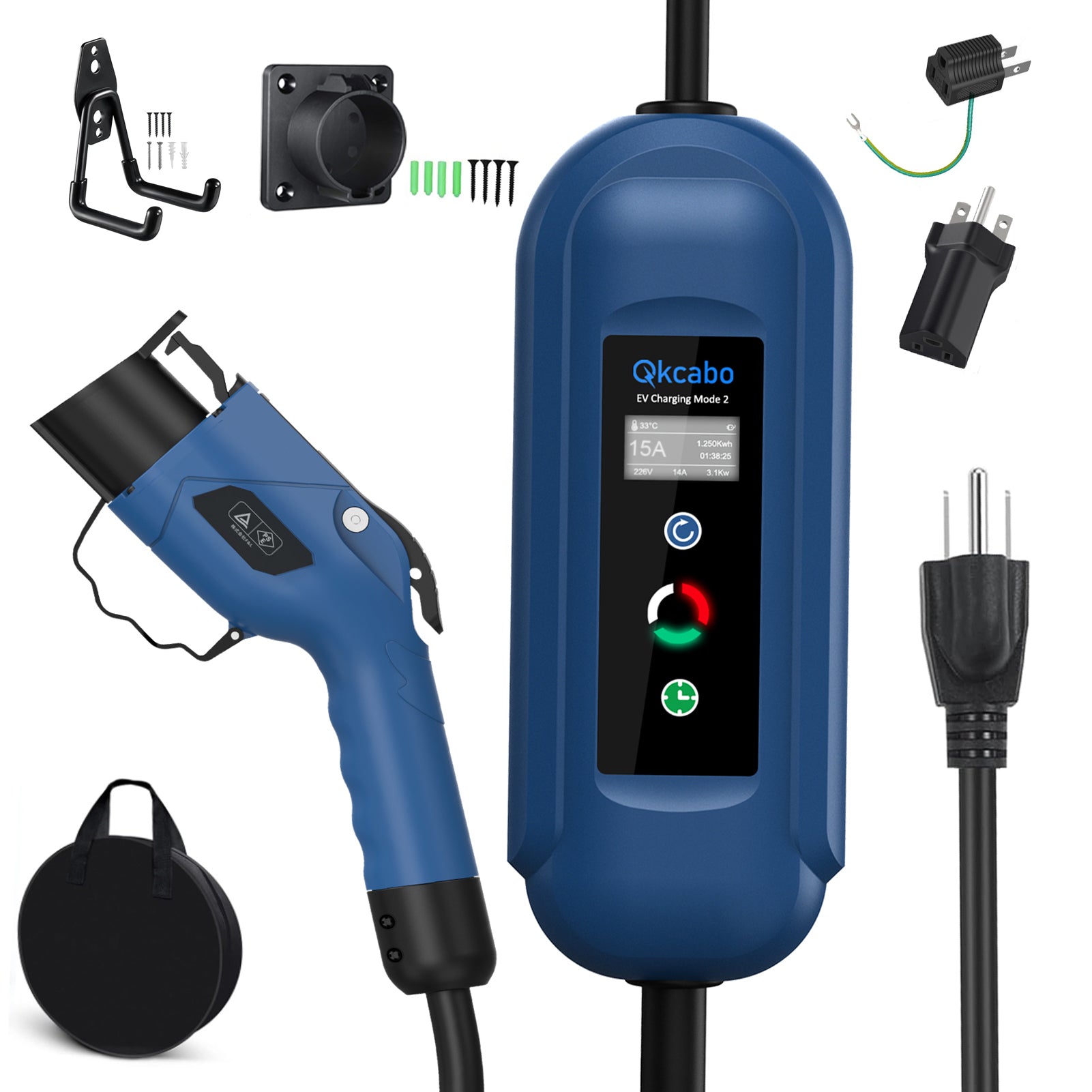 Qkcabo 100V-240V 電気自動車 充電ケーブル EV 充電ケーブル、8A/10A/13A/15A 電流調整可能の家庭用自動車充電