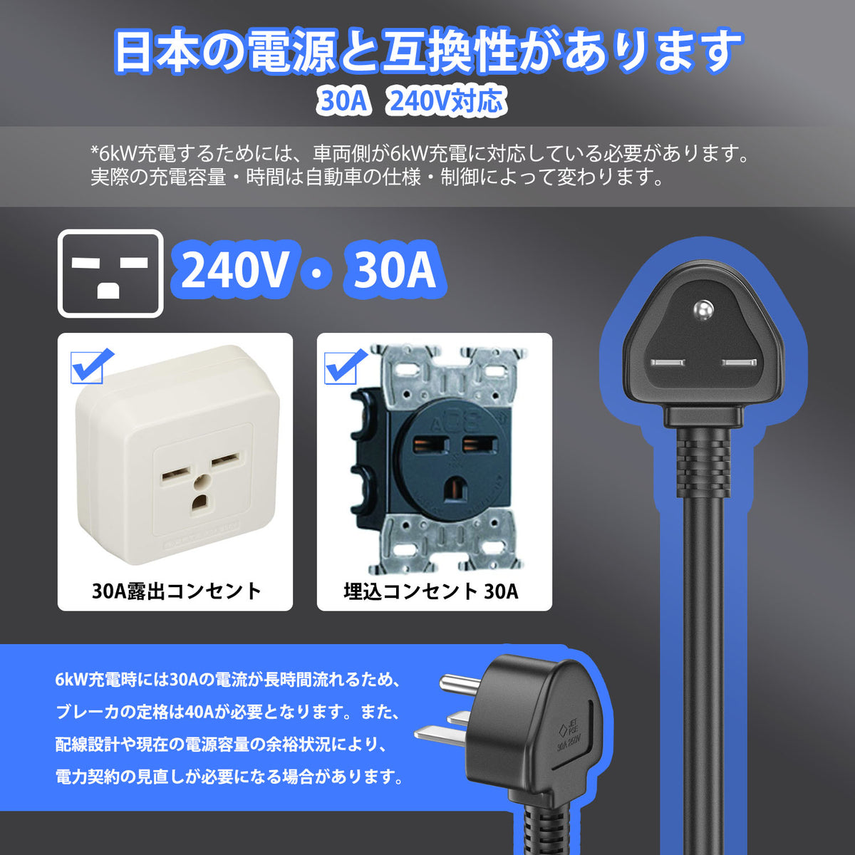 Qkcabo 6KW 30A 電気自動車 EV充電ケーブル 100-240V対応 6/8/10/15/20/25/30A EV充電器 5メートル 第3世代・SAE J1772対応・最大30A対応・PHEV/PHV充電器・電流調整機能付き・2つのタイマー機能