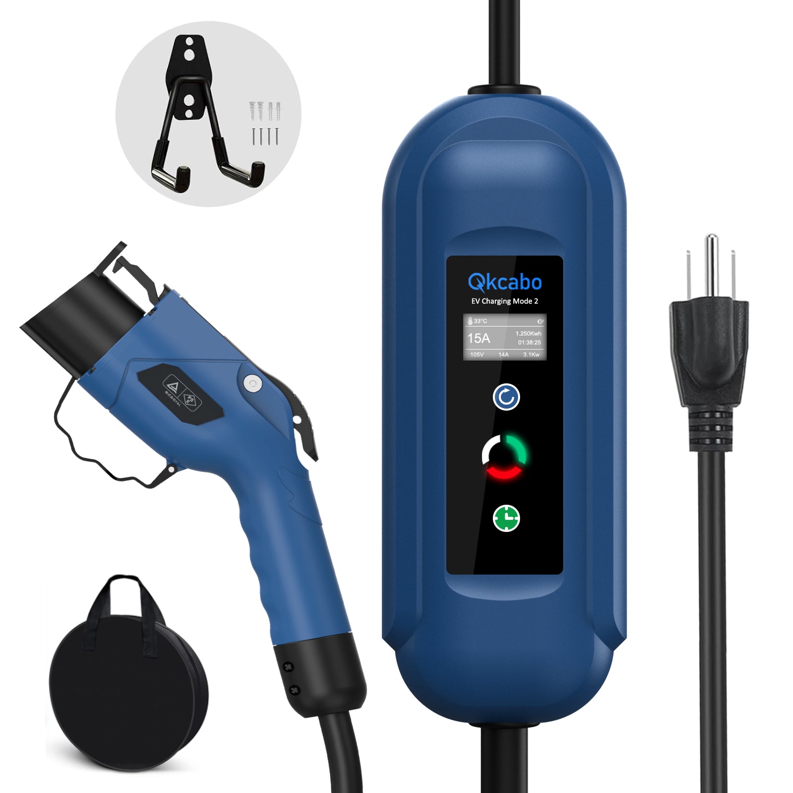 Qkcabo 100V 電気自動車 充電ケーブル EV 充電 用 ケーブル、100V-125V 8A/10A/13A/15A 電流調整可能の