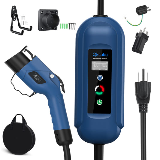 Qkcabo 100V-240V 電気自動車 充電ケーブル EV 充電ケーブル、8A/10A/13A/15A 電流調整可能の家庭用自動車充電ガンSAE J1772急速PHEV充電ケーブル付き、電気自動車用ポータブル充電器（7.5M、100V/200V変換アダプター）