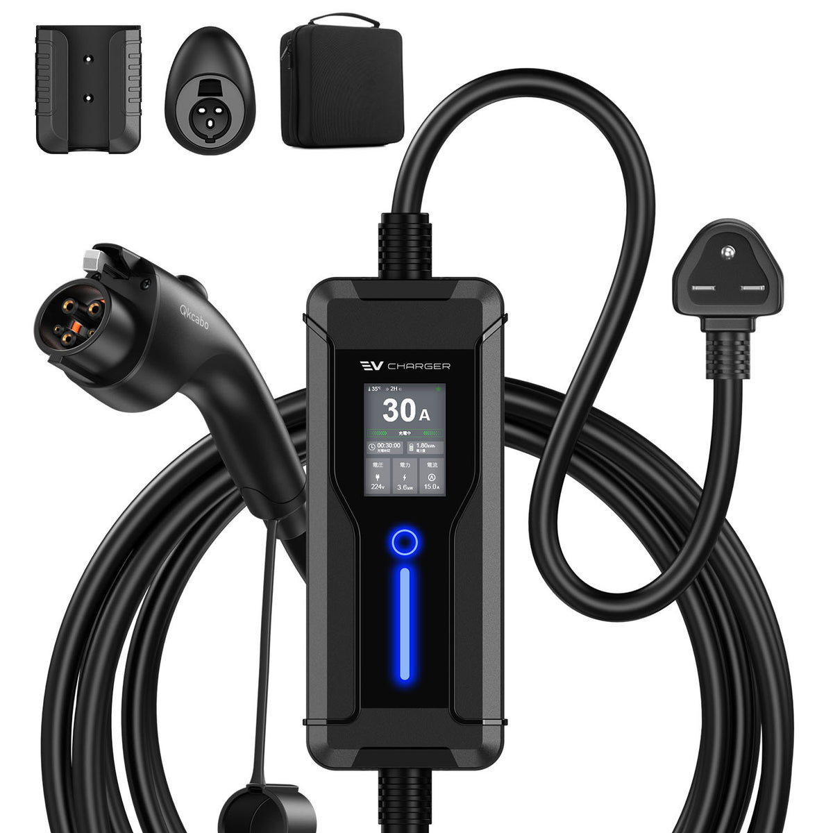 Qkcabo 6KW 30A 電気自動車 EV充電ケーブル 100-240V対応 6/8/10/15/20/25/30A EV充電器 5メートル 第3世代・SAE J1772対応・最大30A対応・PHEV/PHV充電器・電流調整機能付き・2つのタイマー機能