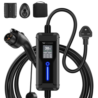 Qkcabo 6KW 30A 電気自動車 EV充電ケーブル 100-240V対応 6/8/10/15/20/25/30A EV充電器 5メートル 第3世代・SAE J1772対応・最大30A対応・PHEV/PHV充電器・電流調整機能付き・2つのタイマー機能