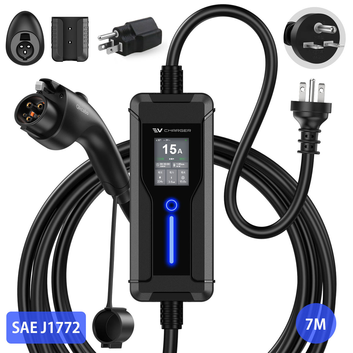 Qkcabo 3KW 15A 電気自動車 充電ケーブル 100V 200V 6/8/10/13/15A SAE J1772 EV充電器 長7メートル | 第3世代・最大15A対応・100V/200V 変換・SAE J1772対応・PHEV充電器・電流調整機能付き・2つのタイマー機能