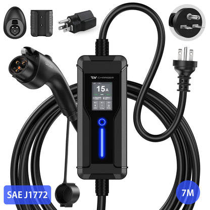 Qkcabo 3KW 15A 電気自動車 充電ケーブル 100V 200V 6/8/10/13/15A SAE J1772 EV充電器 長7メートル | 第3世代・最大15A対応・100V/200V 変換・SAE J1772対応・PHEV充電器・電流調整機能付き・2つのタイマー機能
