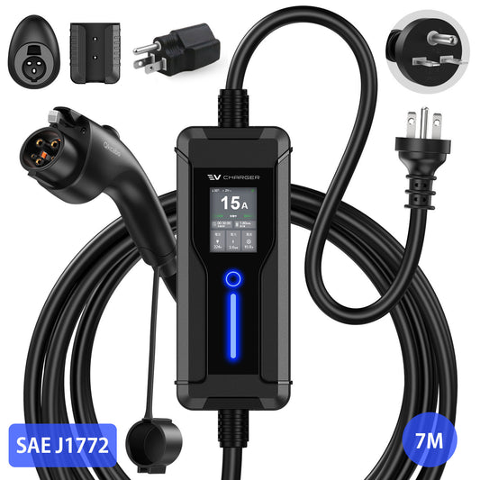 Qkcabo 3KW 15A 電気自動車 充電ケーブル 100V 200V 6/8/10/13/15A SAE J1772 EV充電器 長7メートル | 第3世代・最大15A対応・100V/200V 変換・SAE J1772対応・PHEV充電器・電流調整機能付き・2つのタイマー機能