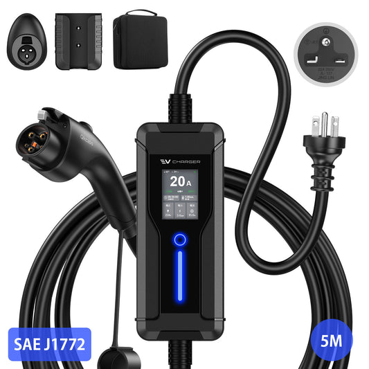Qkcabo 4KW 電気自動車 EV 充電ケーブル 100-240V 6A/8A/10A/13A/16A/20A 電流調整可能 EV充電器 5M 第3世代・最大20A対応・SAE J1772(タイプ1)対応・PHEV充電ケーブル・電流調整機能付き・2つのタイマー機能